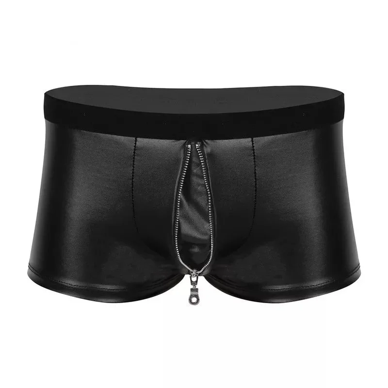 Men's Sexy Open Crotch Leather Boxer Short Pants