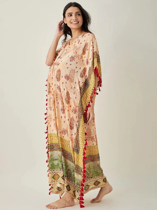 Beige Ornate Paisley Nursing  Kaftan