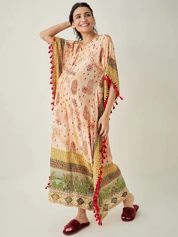 Beige Ornate Paisley Nursing  Kaftan