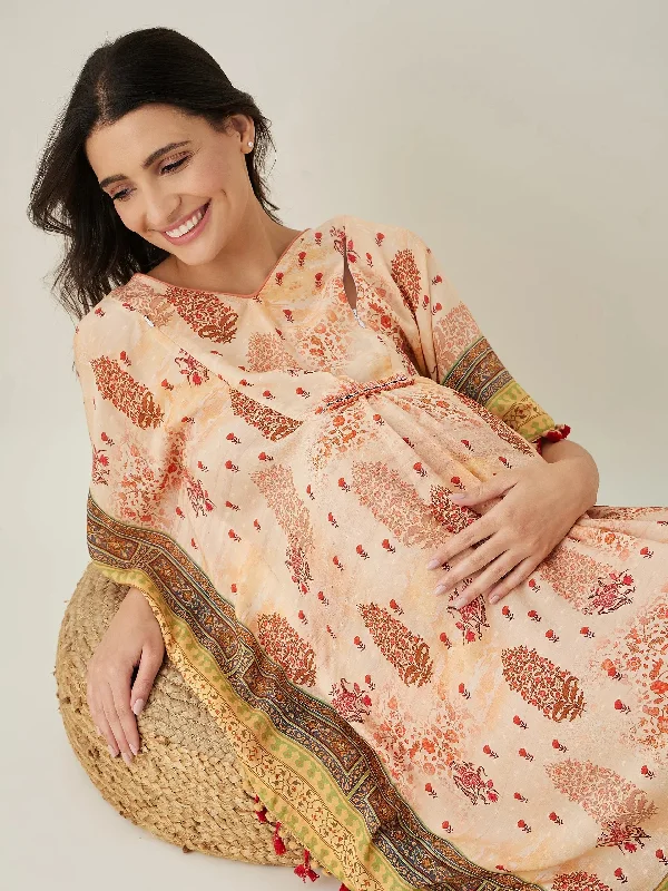 Beige Ornate Paisley Nursing  Kaftan