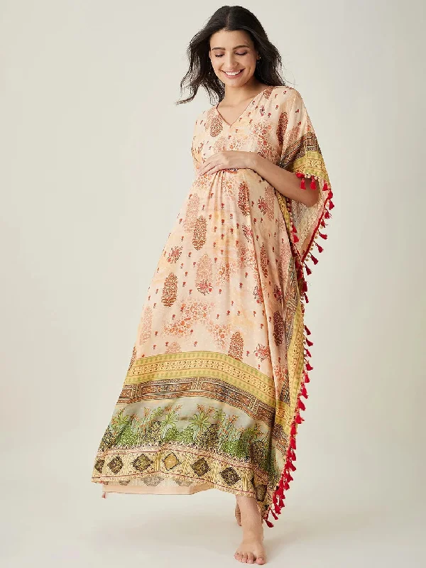 Beige Ornate Paisley Nursing  Kaftan