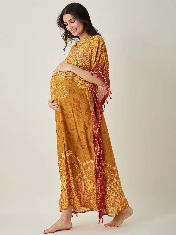 Mustard Intricate Floral Printed  Maternity Kaftan