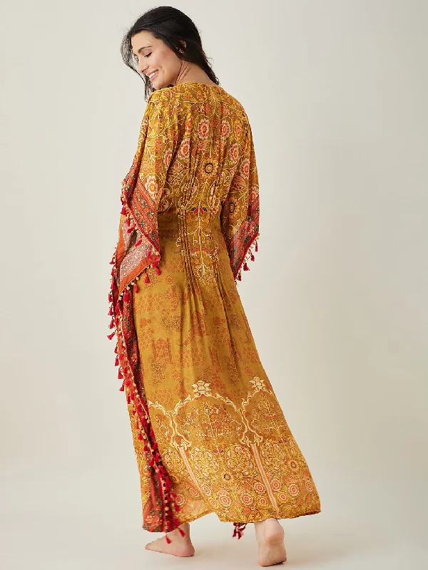 Mustard Intricate Floral Printed  Maternity Kaftan