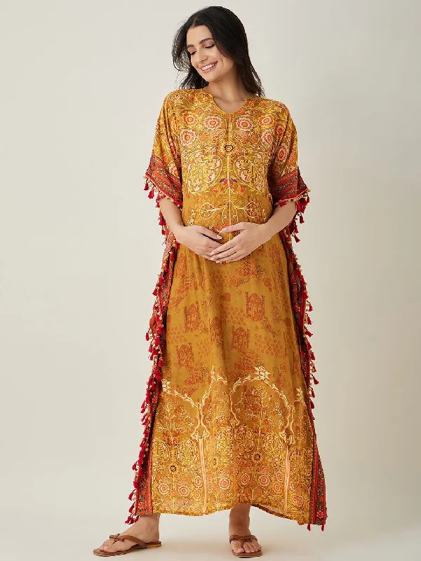 Mustard Intricate Floral Printed  Maternity Kaftan