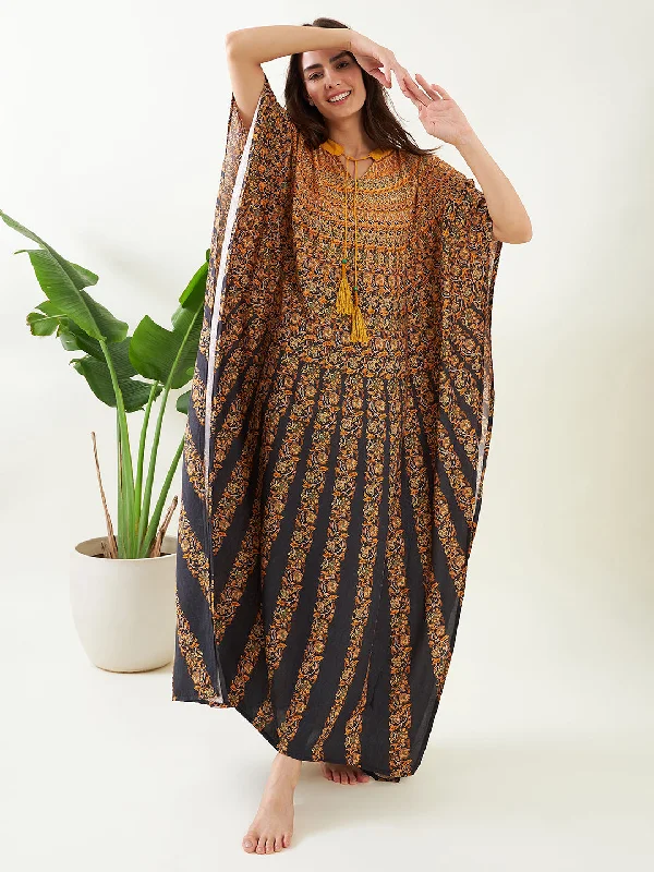 Black and Mustard Floral Strokes Kaftan