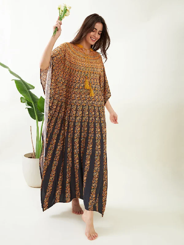 Black and Mustard Floral Strokes Kaftan