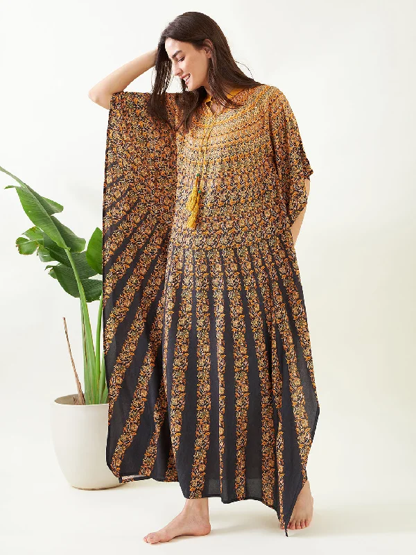 Black and Mustard Floral Strokes Kaftan