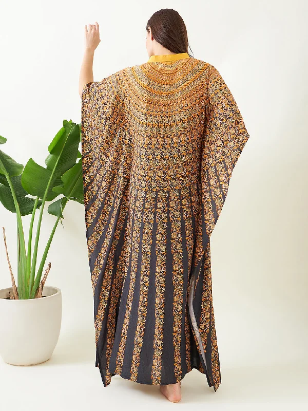 Black and Mustard Floral Strokes Kaftan