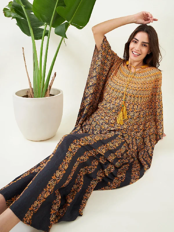 Black and Mustard Floral Strokes Kaftan