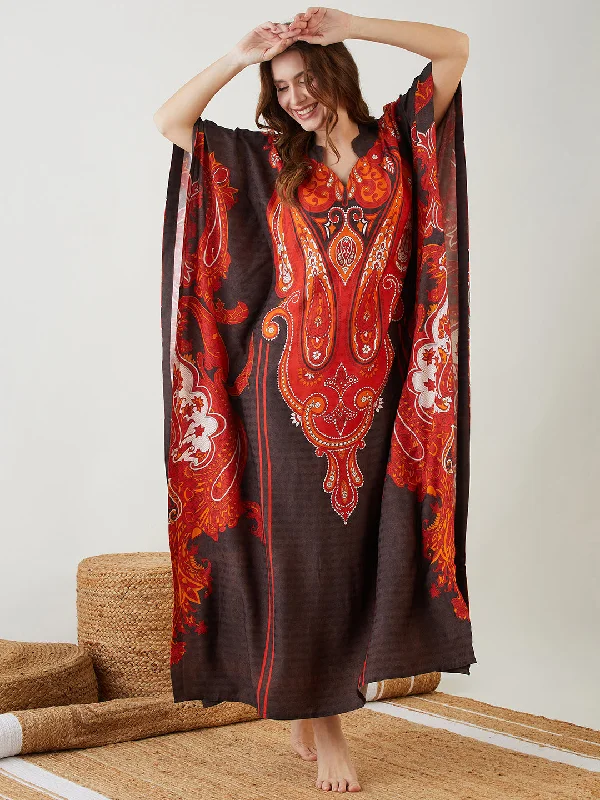 Black Bleached Effect Paisley Printed Kaftan