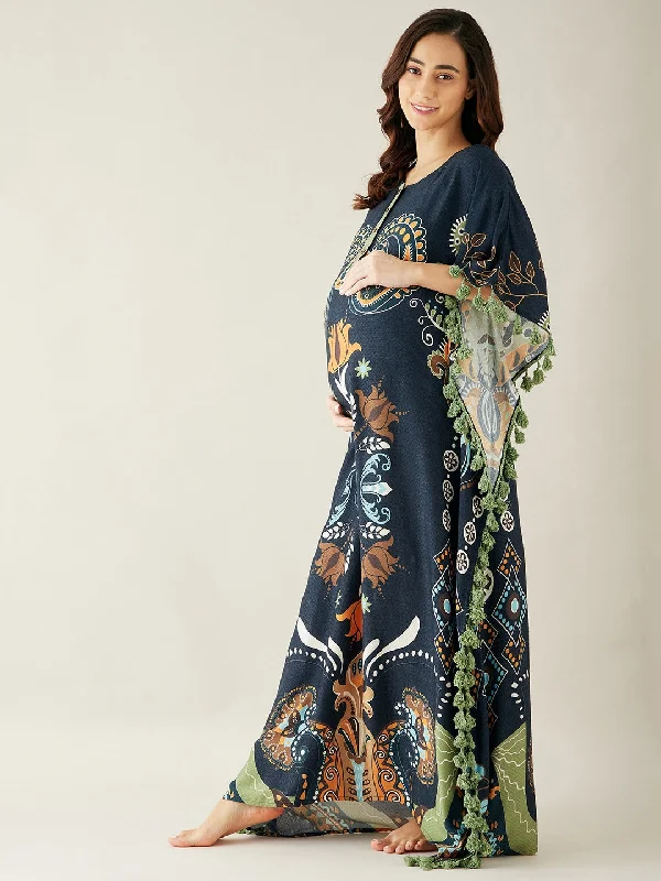 Black Digital Printed Night Wear Maternity Kaftan