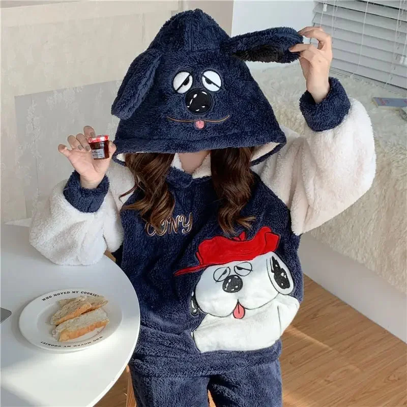 Flannel Pajamas Women Winter Loungewear Girls Sleepwear Suit Thick Cartoon Nighty Coral Velvet Kawaii Famale Home Clothes Sets