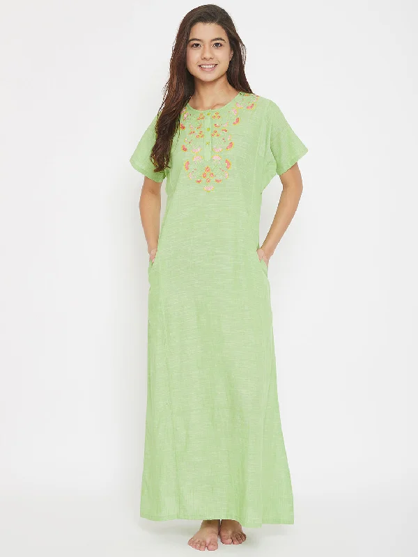 Mangalgiri Cotton Emboidered Round Neck Nighty with Placket