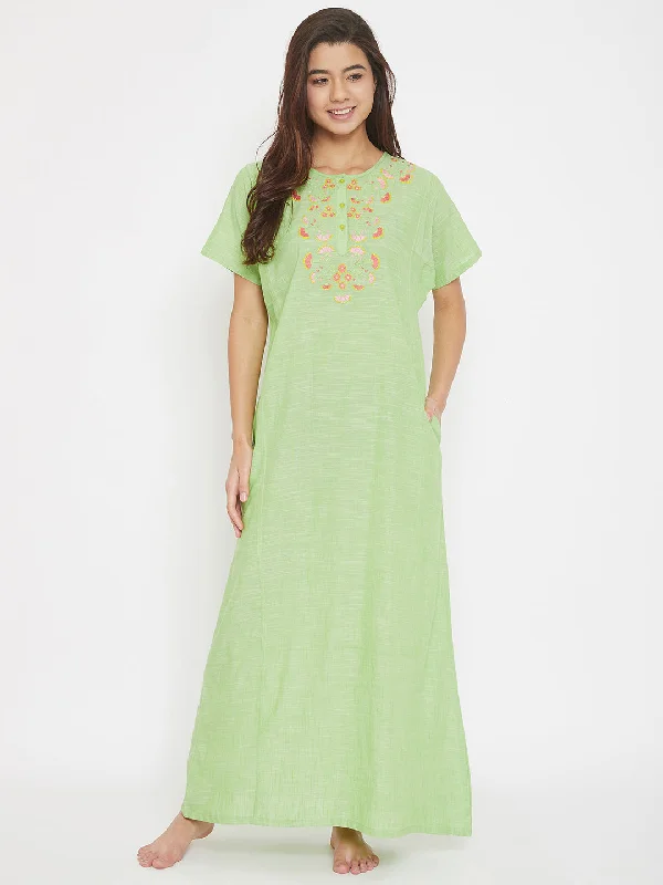 Mangalgiri Cotton Emboidered Round Neck Nighty with Placket