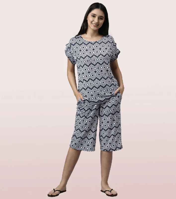 Home Shant Set | Viscose Printed Ruffled Trim Tee And Shant Set