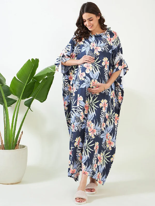 Navy Blooms Maternity and Feeding Kaftan