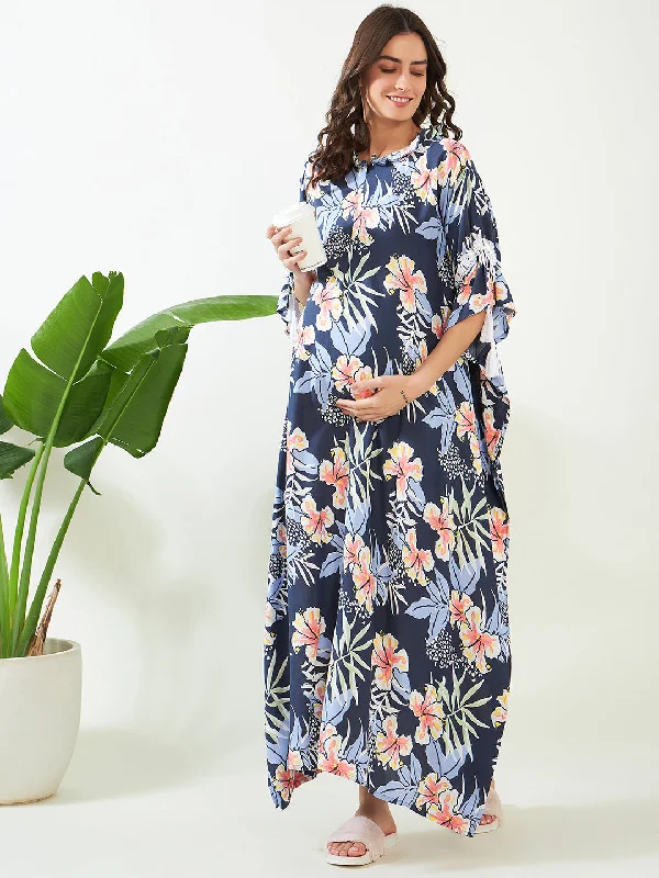 Navy Blooms Maternity and Feeding Kaftan