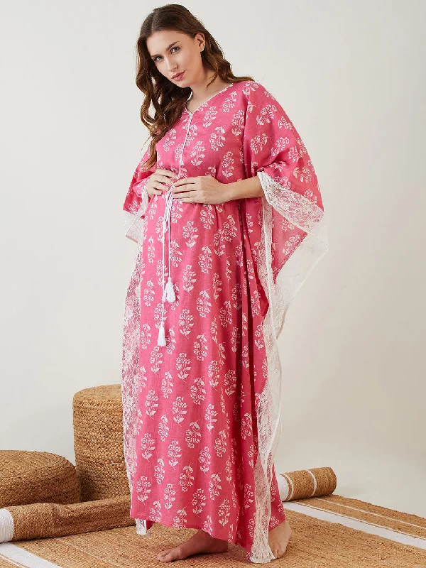 Pink Handblock Nursing Kaftan