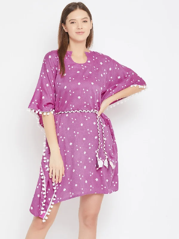 Purple Bandhani Knee Length Kaftan with Pompom