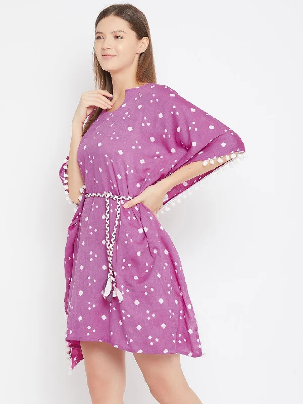 Purple Bandhani Knee Length Kaftan with Pompom