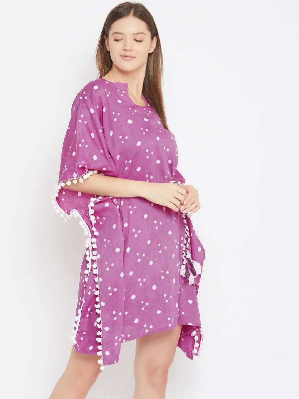 Purple Bandhani Knee Length Kaftan with Pompom