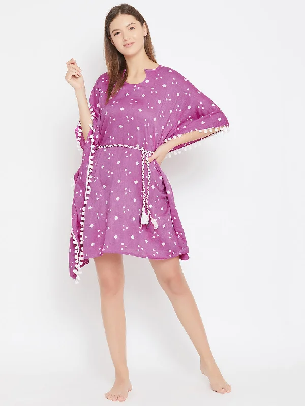 Purple Bandhani Knee Length Kaftan with Pompom