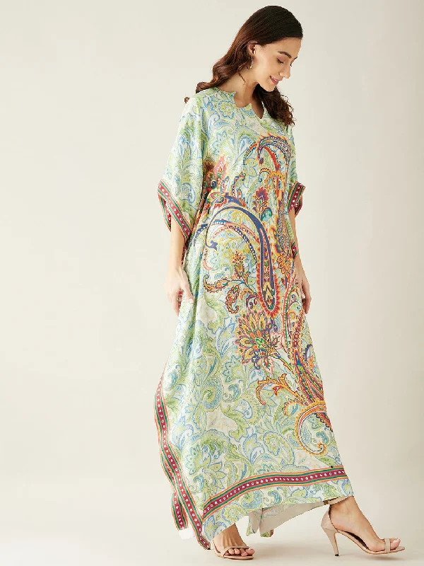 White Paisely Printed Kaftan Dress