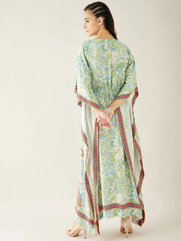 White Paisely Printed Kaftan Dress