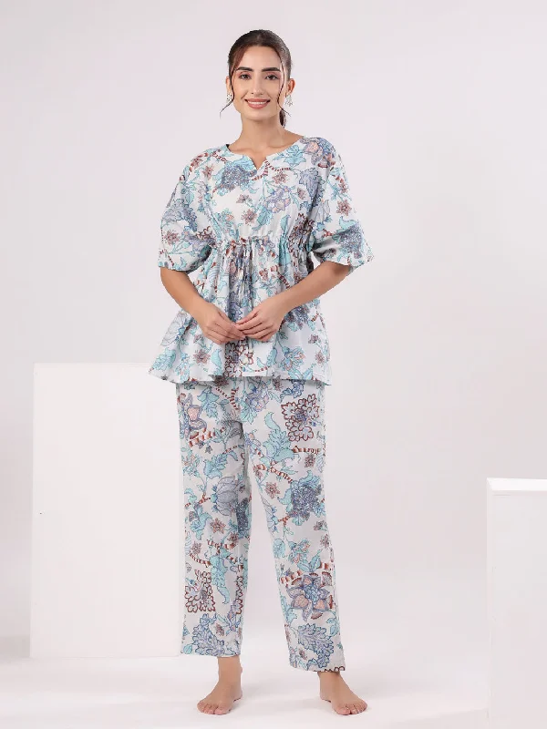 Blue Printed Kaftan Night Suit Set for Women