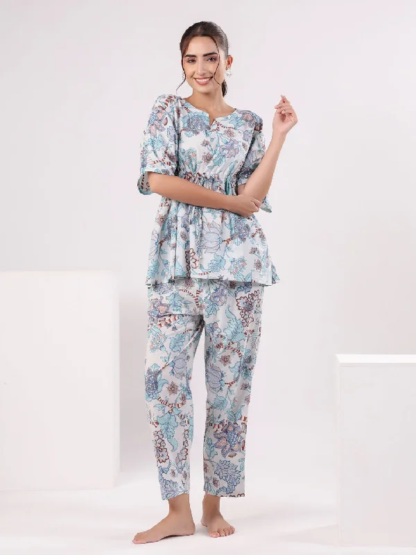 Blue Printed Kaftan Night Suit Set for Women