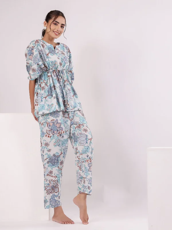 Blue Printed Kaftan Night Suit Set for Women