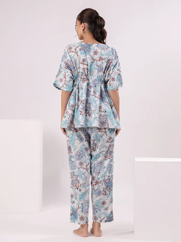 Blue Printed Kaftan Night Suit Set for Women