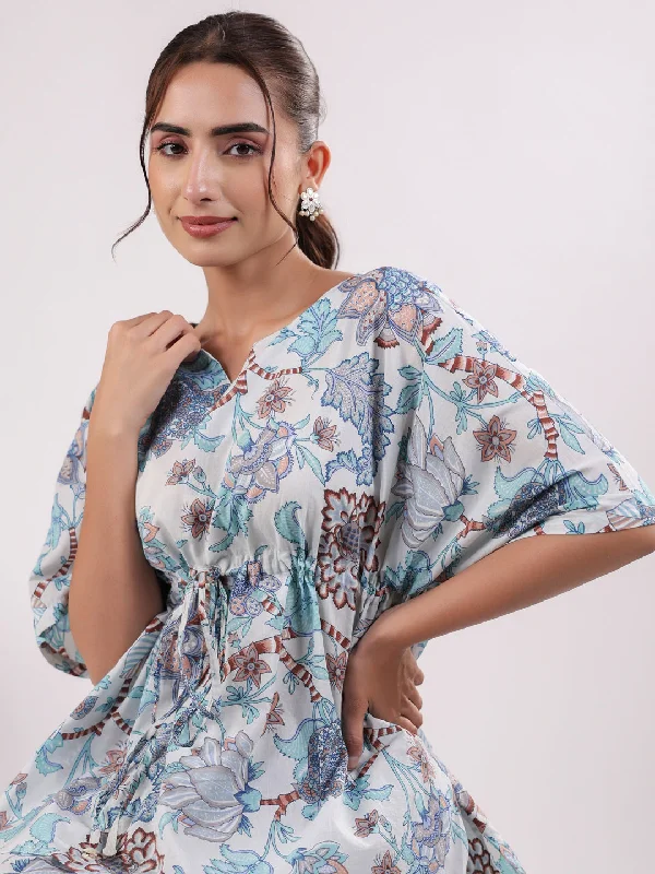 Blue Printed Kaftan Night Suit Set for Women