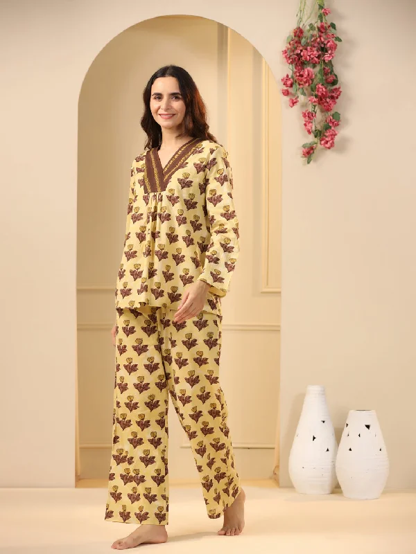 Mustard  printed pure cotton night suit set