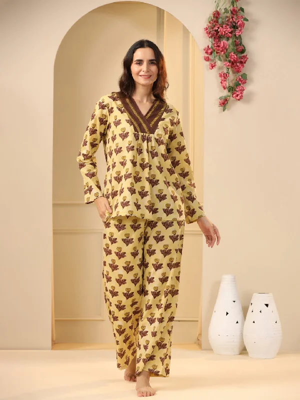 Mustard  printed pure cotton night suit set