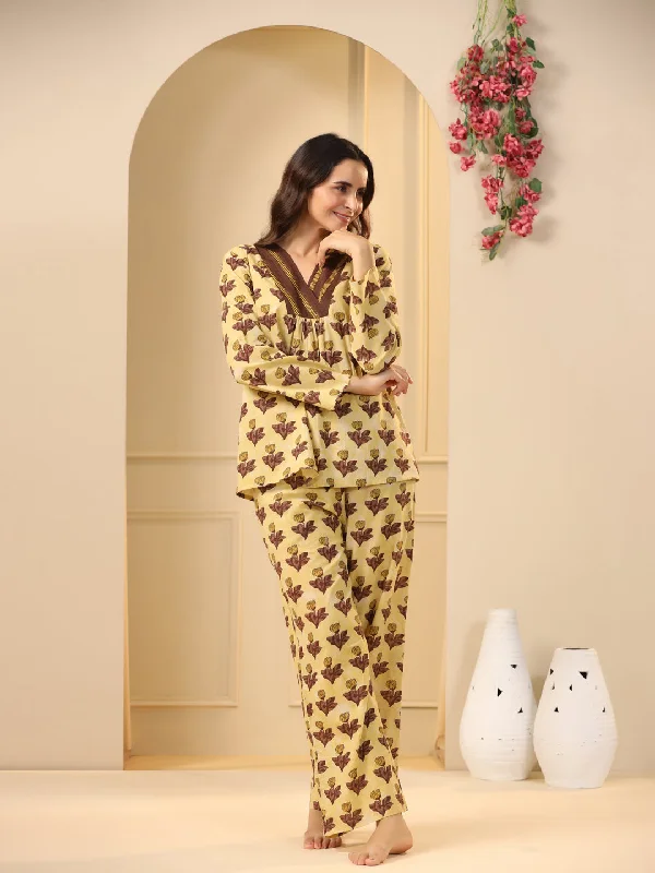 Mustard  printed pure cotton night suit set