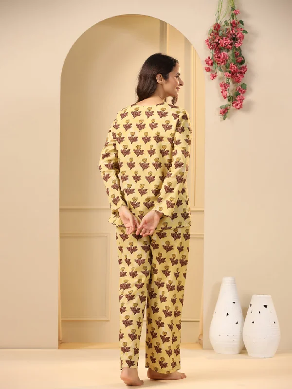 Mustard  printed pure cotton night suit set