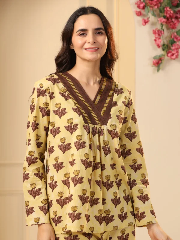 Mustard  printed pure cotton night suit set