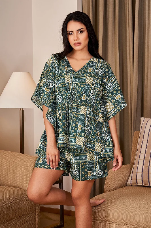 Green Pure Cotton Kaftan Shorts Night SUIT