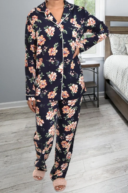 Ladies Navy Floral Button Down Pyjama