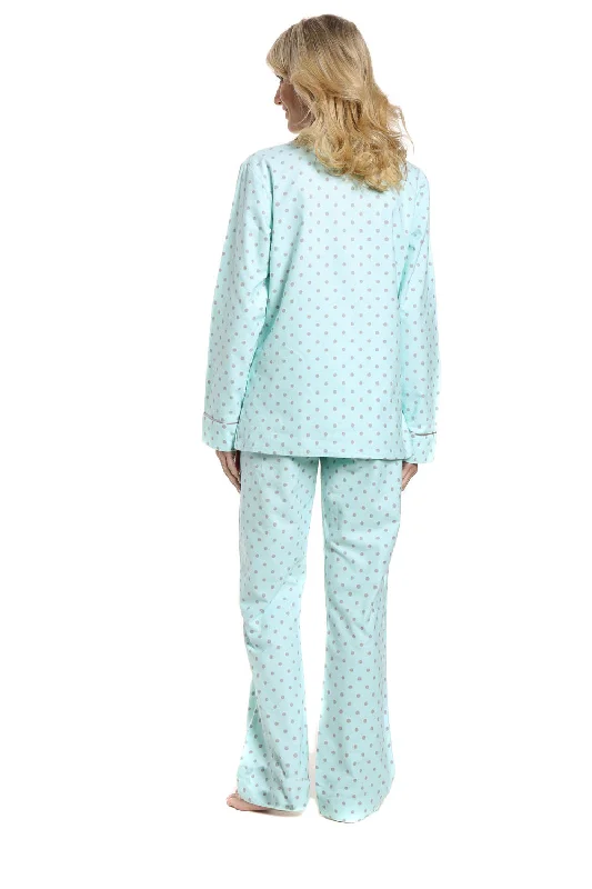 Womens Premium 100% Cotton Flannel Pajama Sleepwear Set - Dots Diva Aqua-Gray