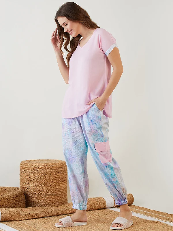 Pink Tie-Dye Printed Night Suit