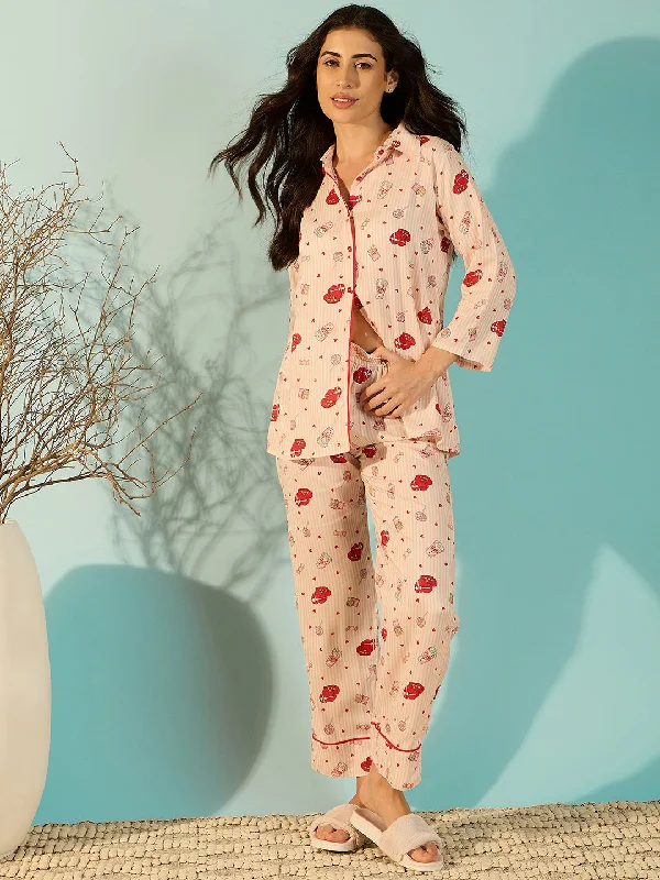 Radiating Red Heart Cotton Chic Pyjama Set For Women