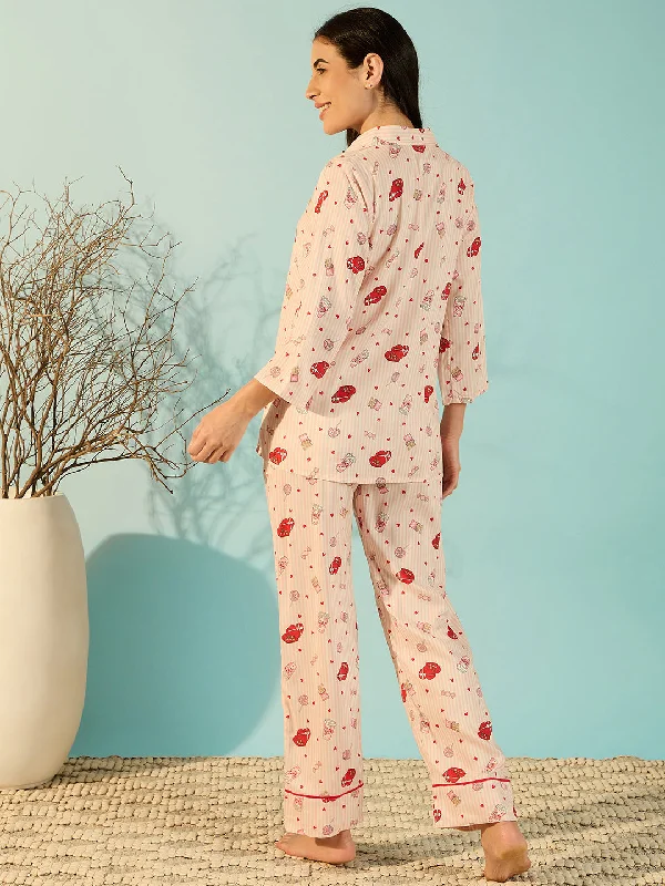 Radiating Red Heart Cotton Chic Pyjama Set For Women