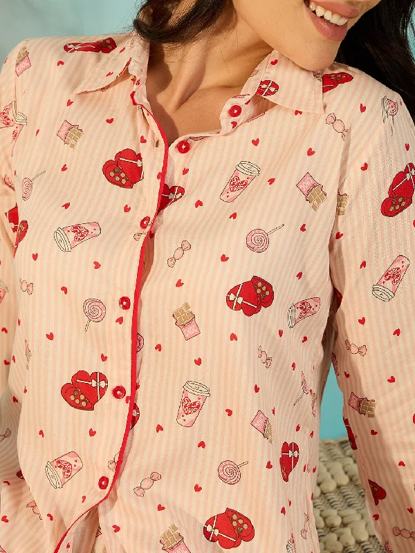 Radiating Red Heart Cotton Chic Pyjama Set For Women