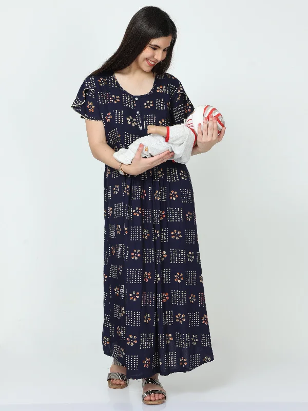 Rayon Maternity Feeding Dress Blue