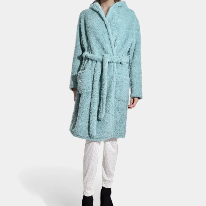 Winter Sherpa Fleece Tie-Up Hooded Gown With Pockets - Blue