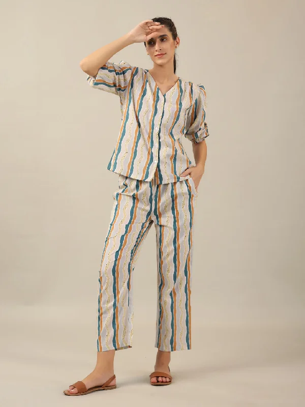 Line print  Cotton Night SUIT