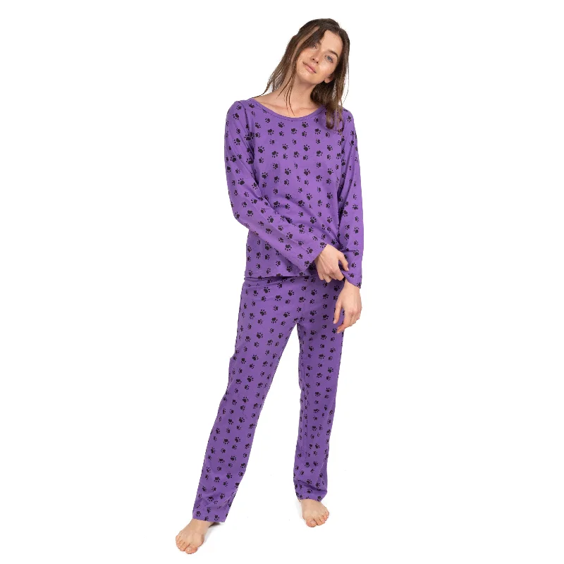 Womens Two Piece Cotton Loose Fit Pajamas Dog Paw Purple